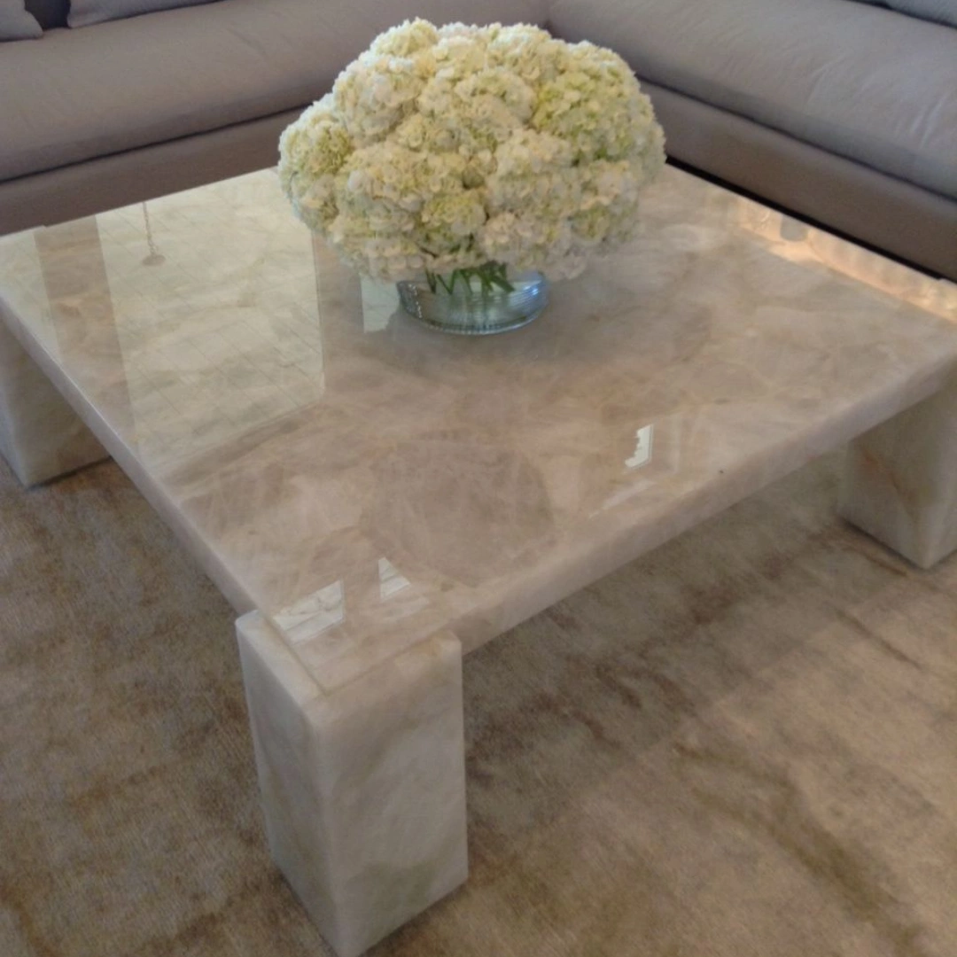 White Crystal Stone Marble Table - Marble Centre Table by OM ART and CRAFT