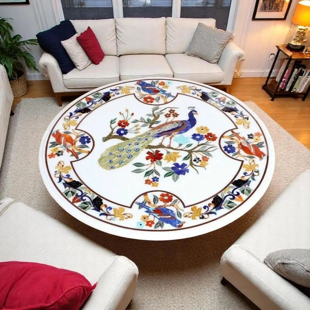 Peacock Round Coffee Table - Mother Pearl Inlay Work by OM ART and CRAFT