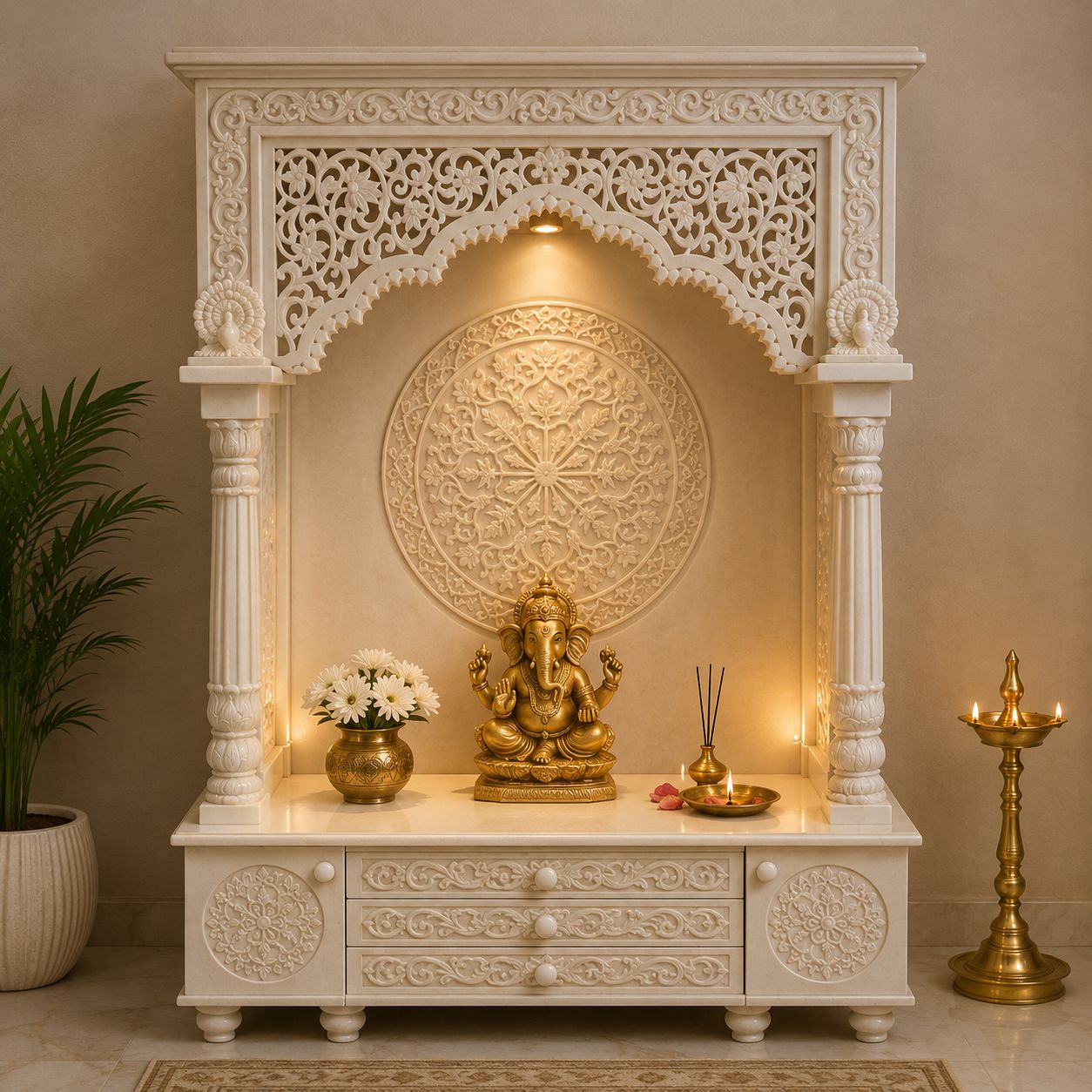Luxury Marble Ganesh Carving Mandir with LED Backlight