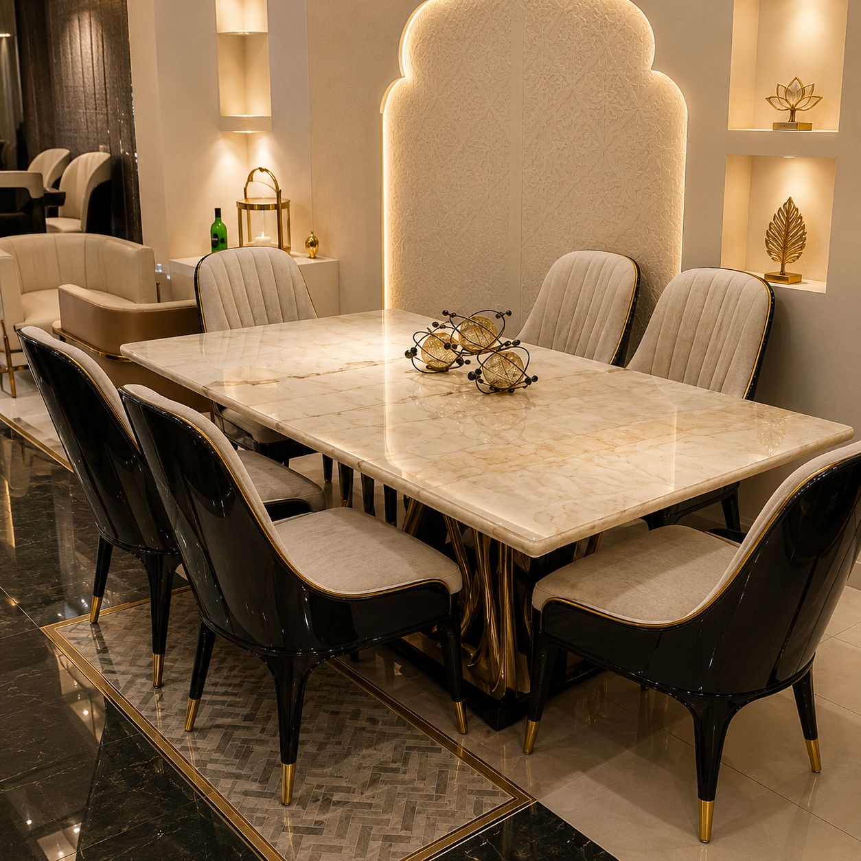 Luxury Marble Dining Table Set with Black Gold Chairs