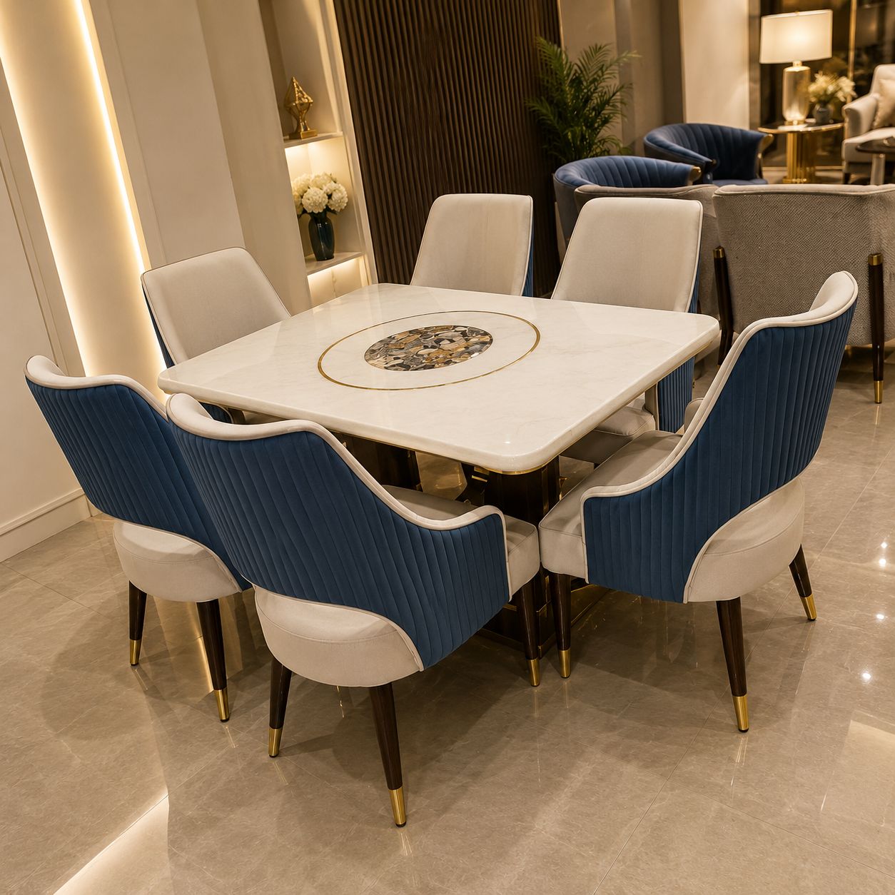 Luxury Marble Dining Table Set with Blue Chairs