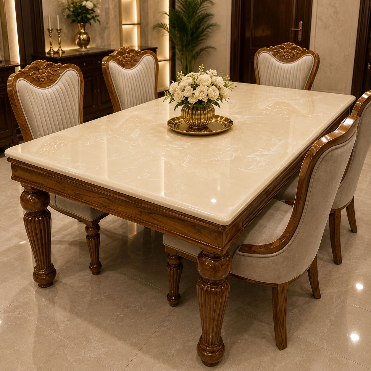Luxury Marble Wooden Dining Table Set with Carved Chairs