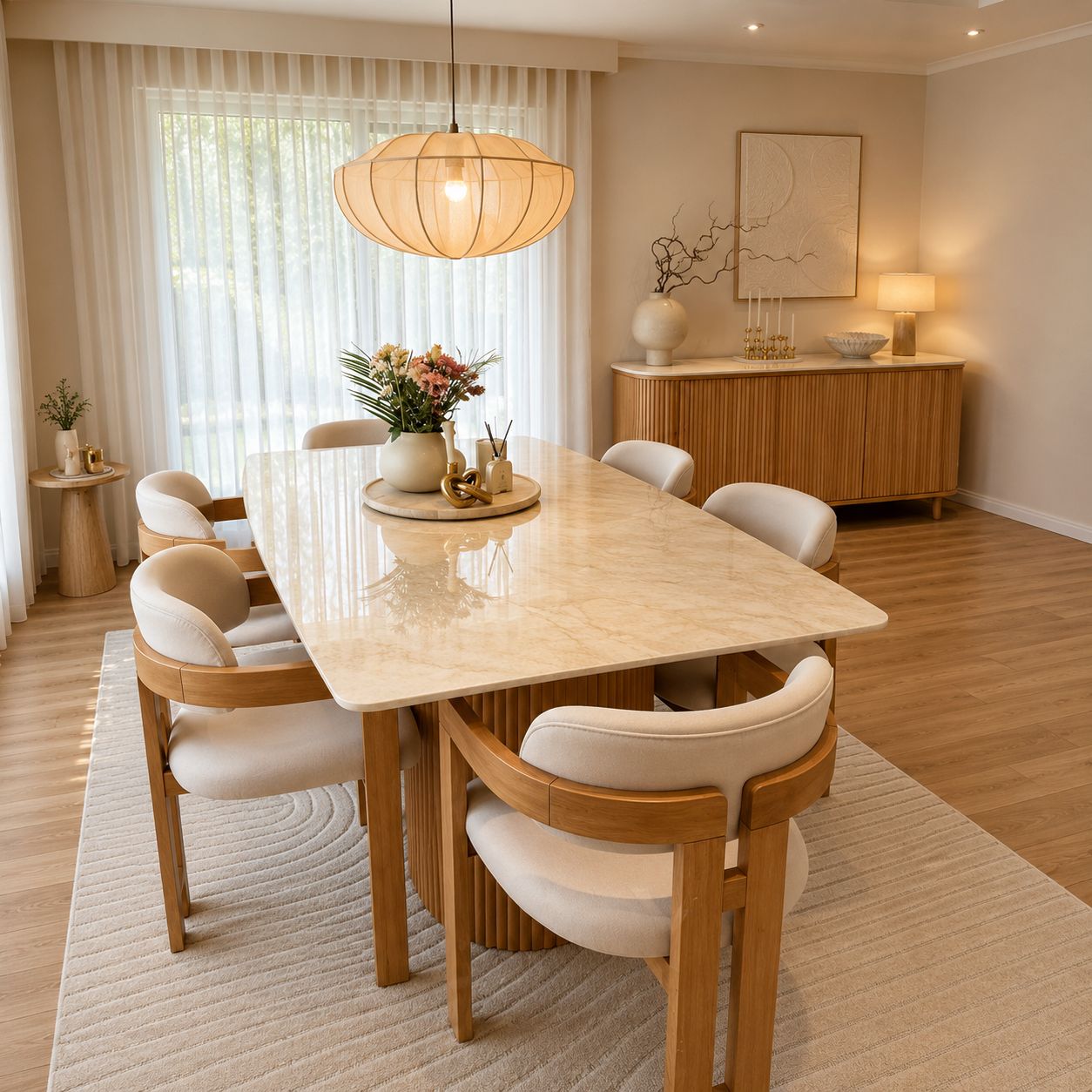 Luxury Marble Wooden Dining Table Set with Cream Chairs