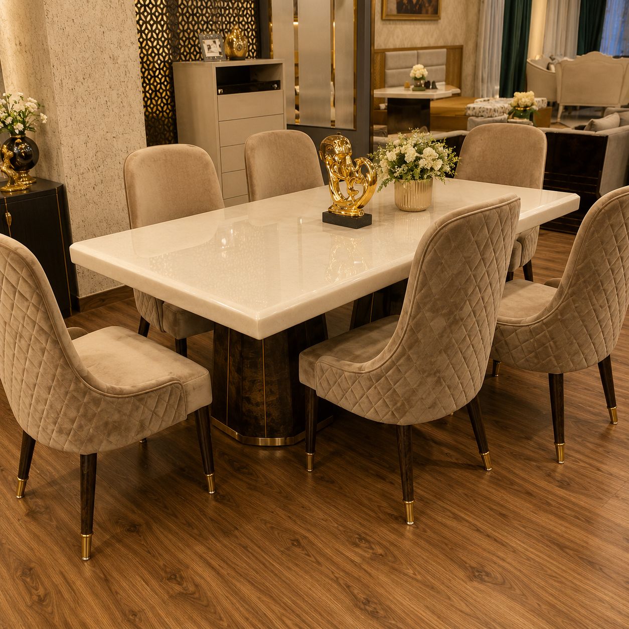 Luxury Marble Dining Table Set with Beige Quilted Chairs