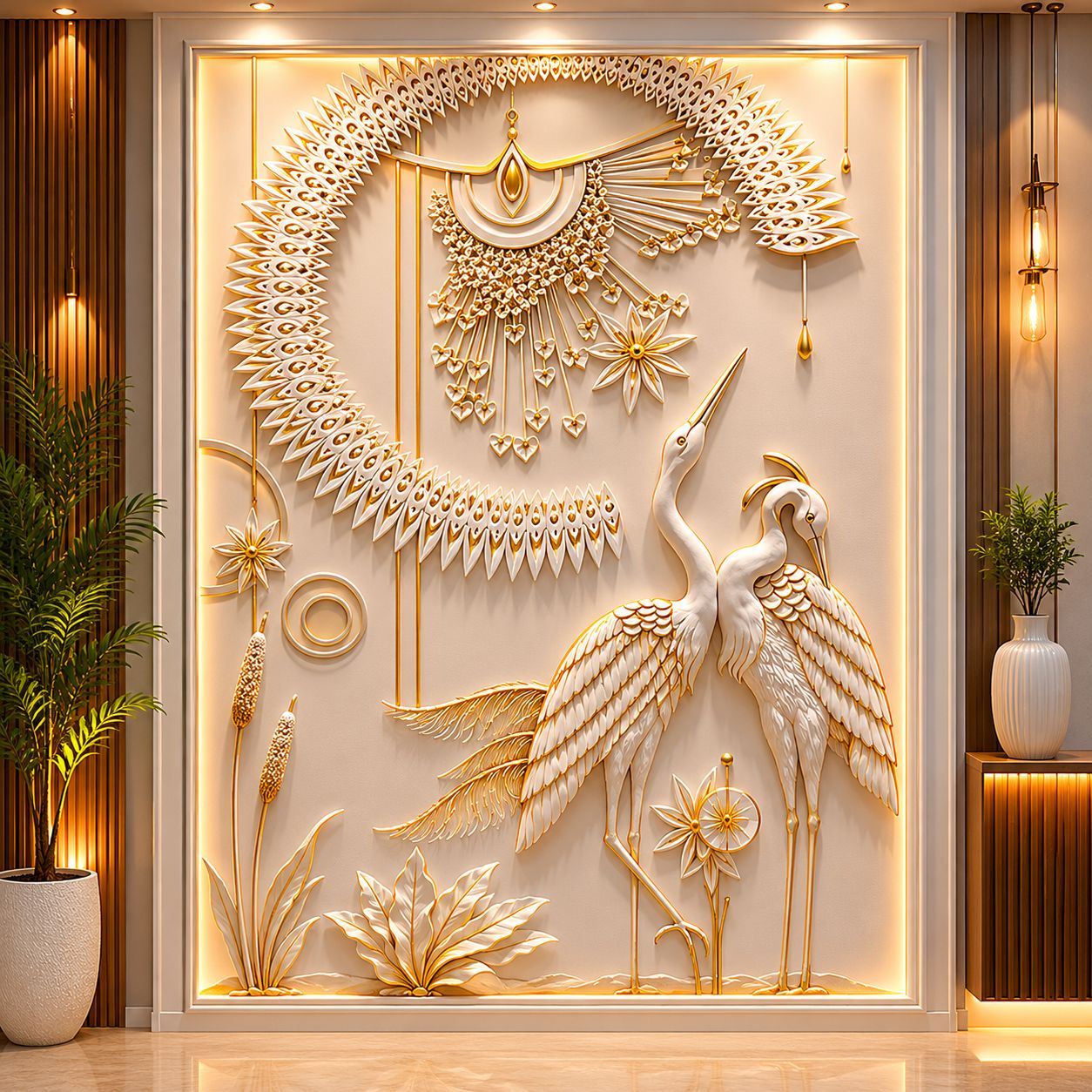 Luxury Corian Crane Birds Wall Panel with Golden