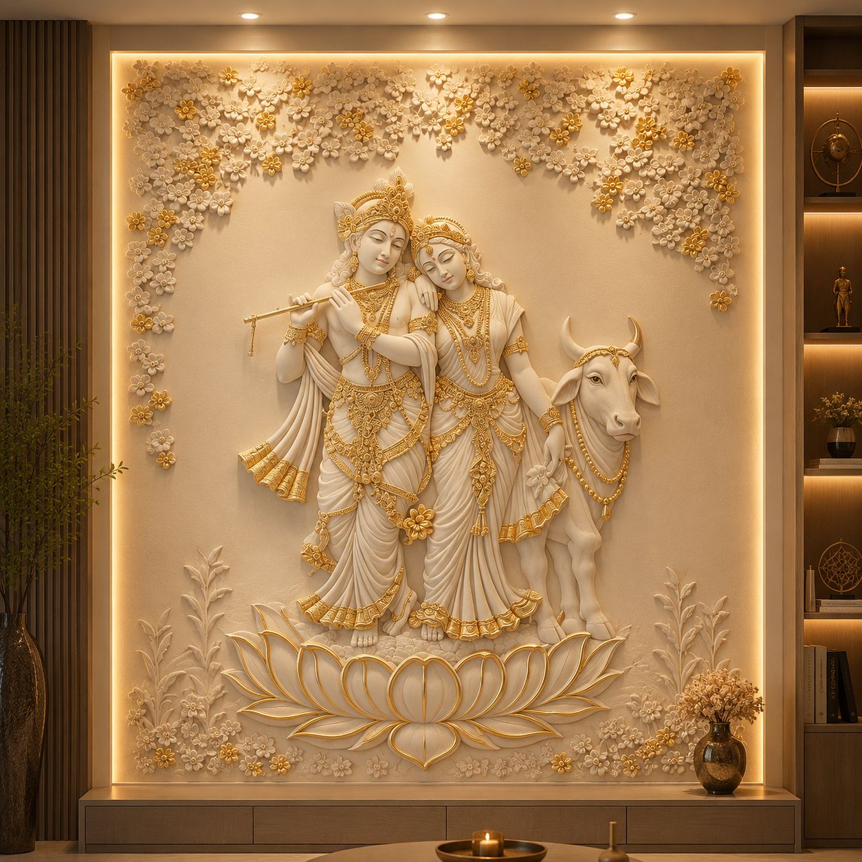 Luxury Corian Radha Krishna Lotus Wall Panel